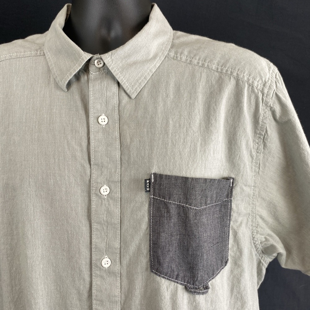 Kavu Mens XL Gray Cotton Color Block Chambray Chest Pocket SS Button Up Shirt